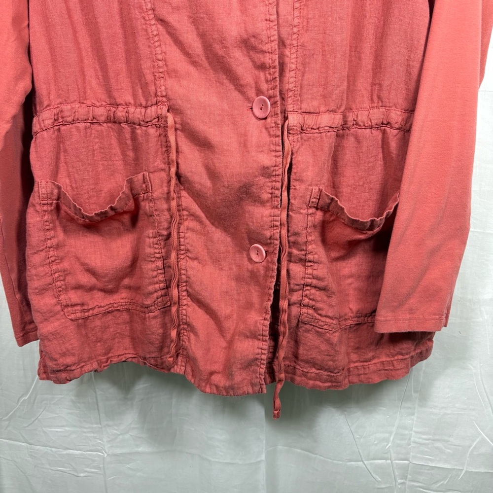 Flax 100% Linen Coral Salmon Hooded Drawstring Light Shacket Shirt Tunic Size‎ S - Picture 3 of 11